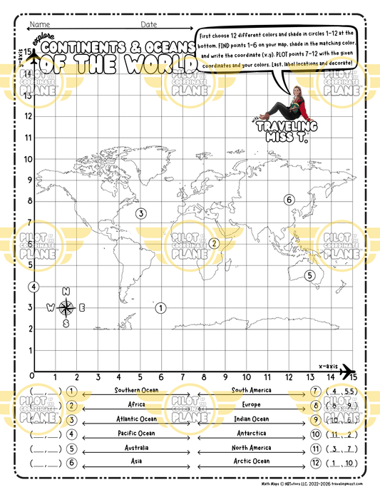 Printable map of continents and oceans by Coordinate Plane from Traveling Miss T.