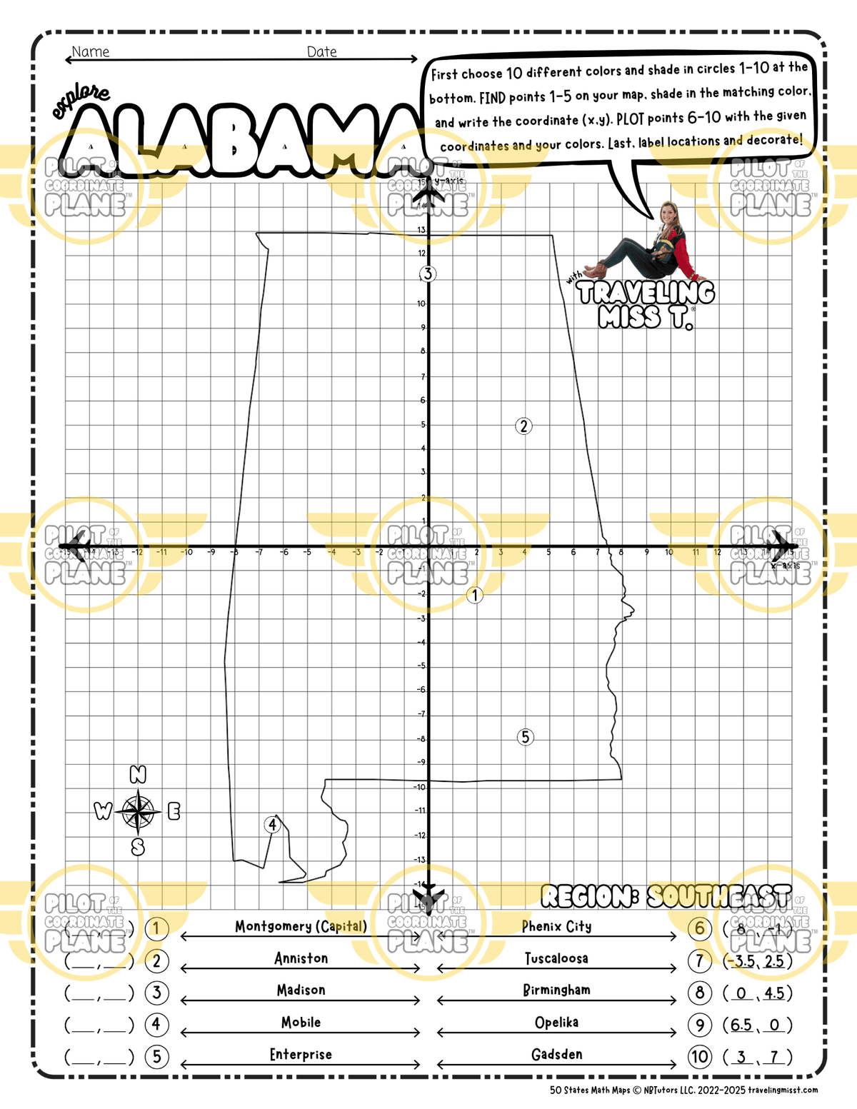 Map of Alabama layered with a Coordinate Plane Worksheet, featuring Traveling Miss T.