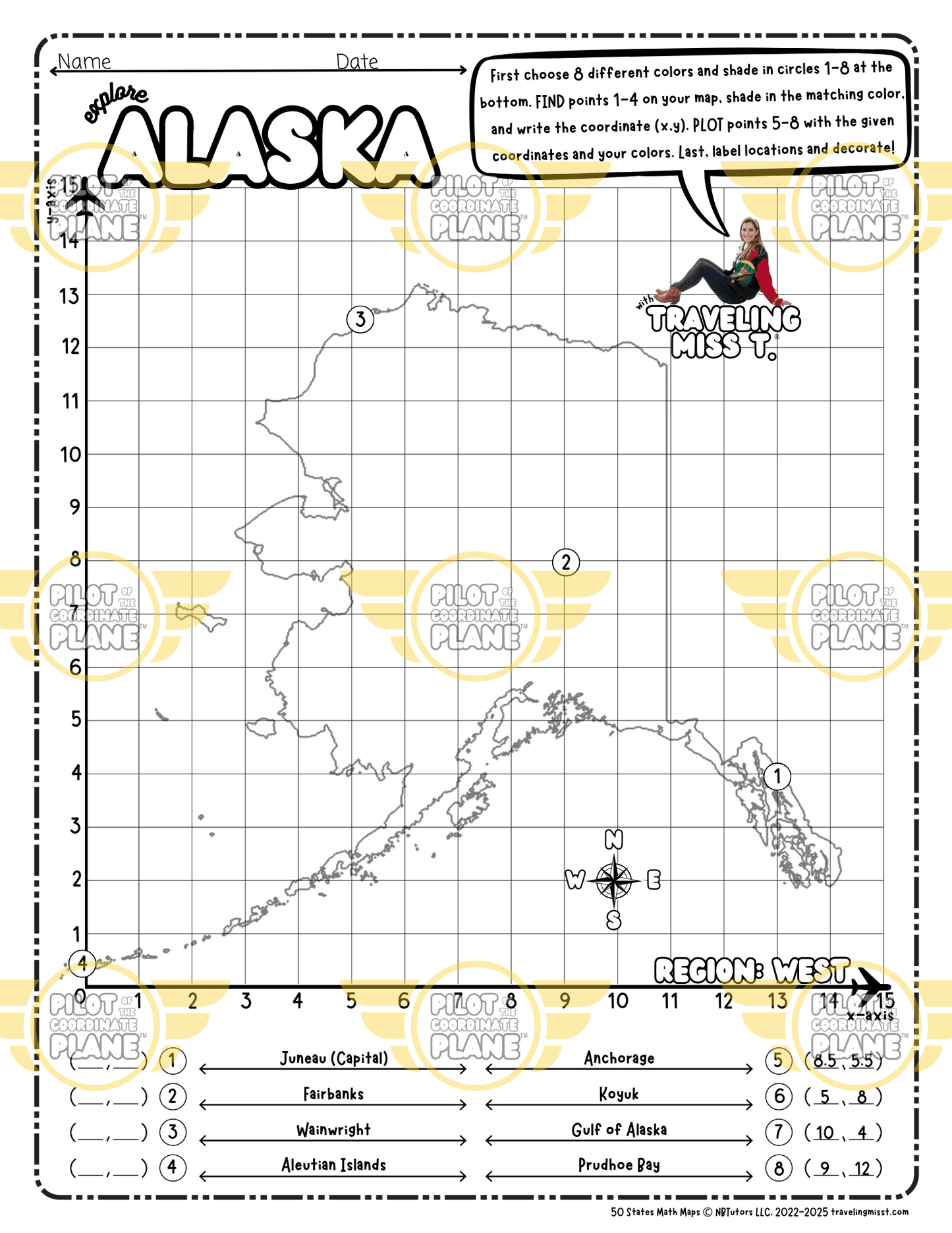 Map of Alaska layered with a Coordinate Plane Worksheet, featuring Traveling Miss T.
