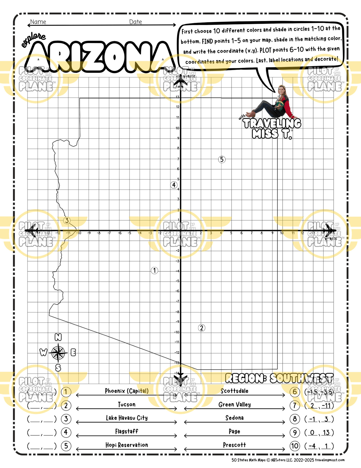 Map of Arizona layered with a Coordinate Plane Worksheet, featuring Traveling Miss T.