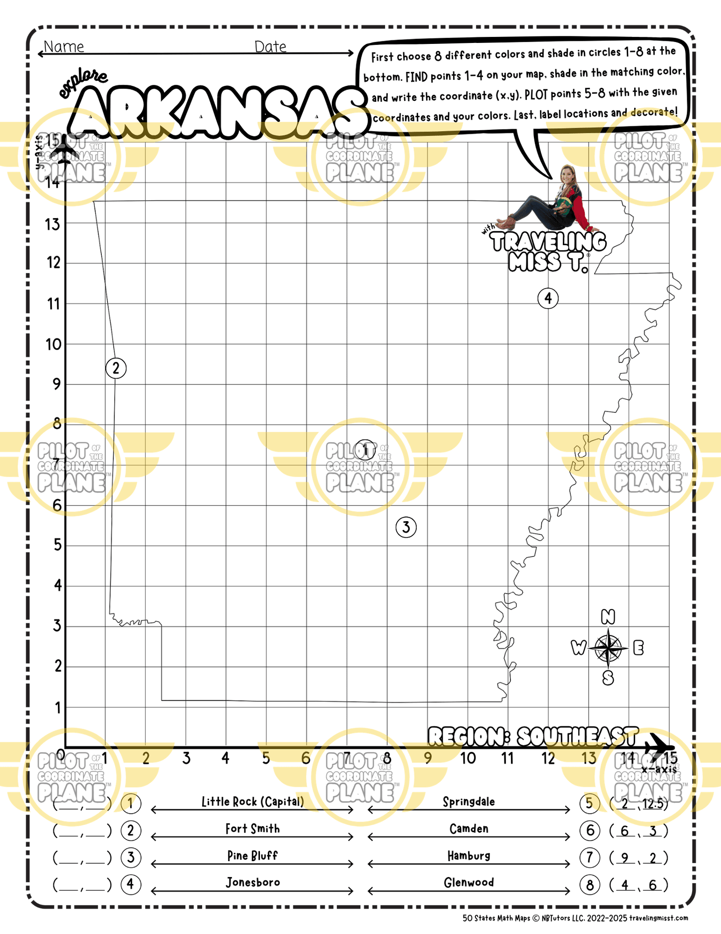 Map of Arkansas layered with a Coordinate Plane Worksheet by Traveling Miss T.