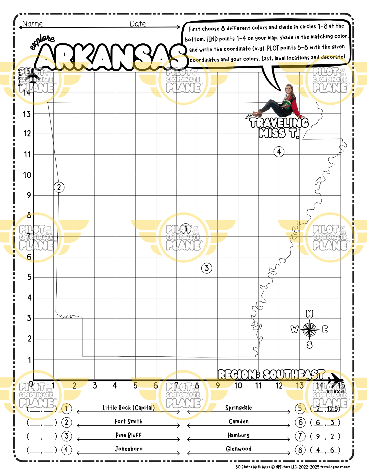 Map of Arkansas layered with a Coordinate Plane Worksheet by Traveling Miss T.