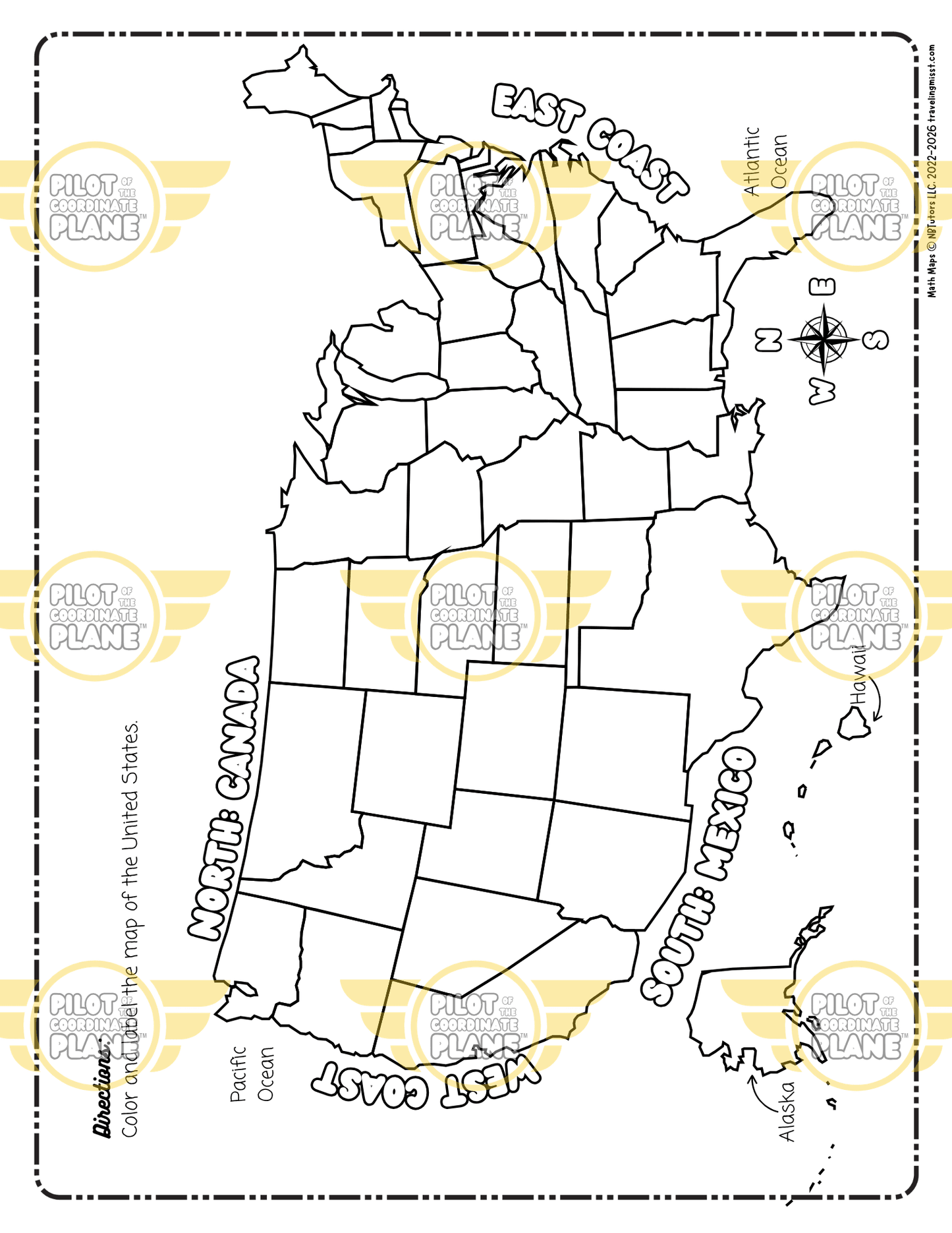 Blank Map of the United States for labeling and learning the 50 states by Traveling Miss T