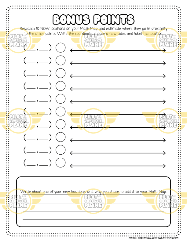 Worksheet with bonus coordinate points template section and space for writing locations and reasons. Extension pages from Traveling Miss T.