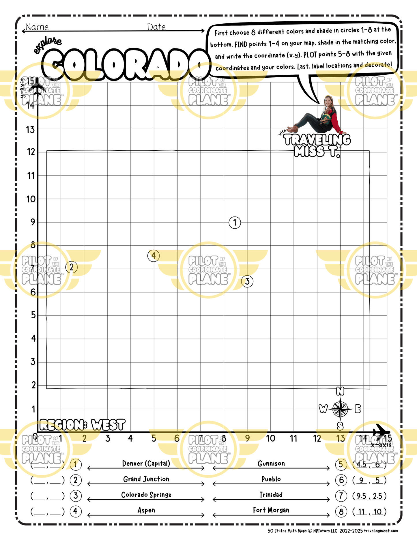 Coordinate Plane Worksheet layered with a map of Colorado by Traveling Miss T.