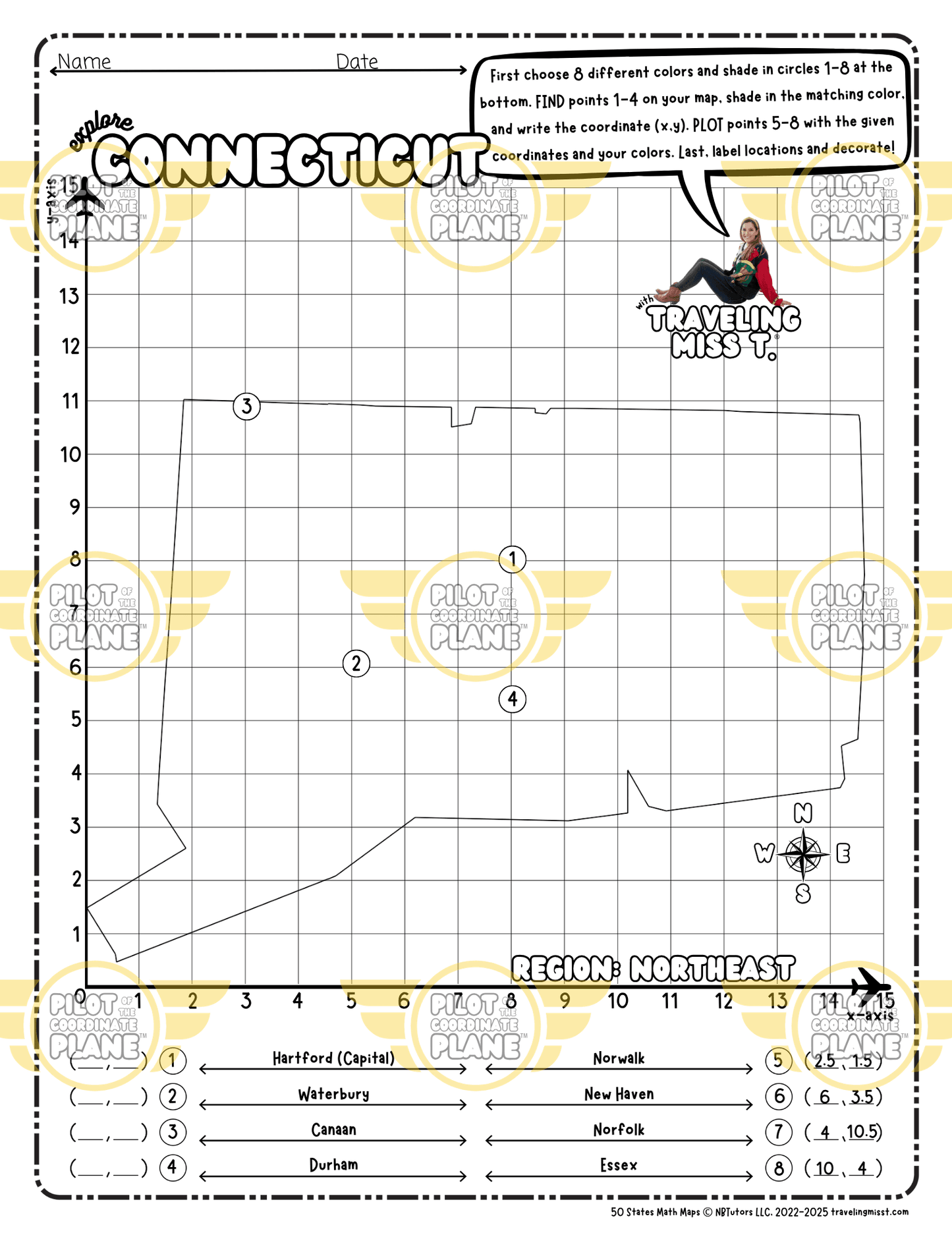 Coordinate Plane Worksheet layered with a map of Connecticut by Traveling Miss T.