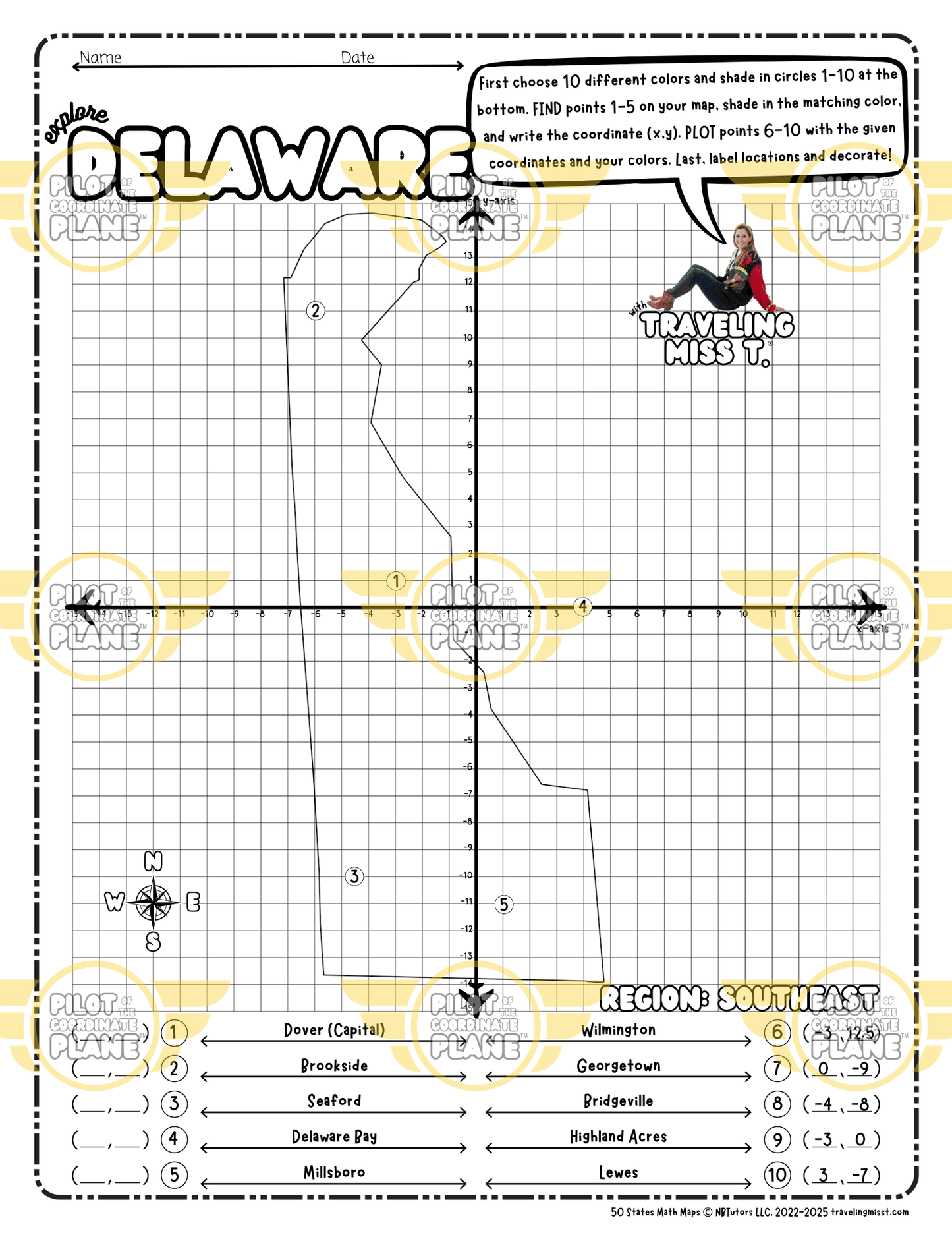 Map of Delaware layered with a Coordinate Plane Worksheet, featuring Traveling Miss T.
