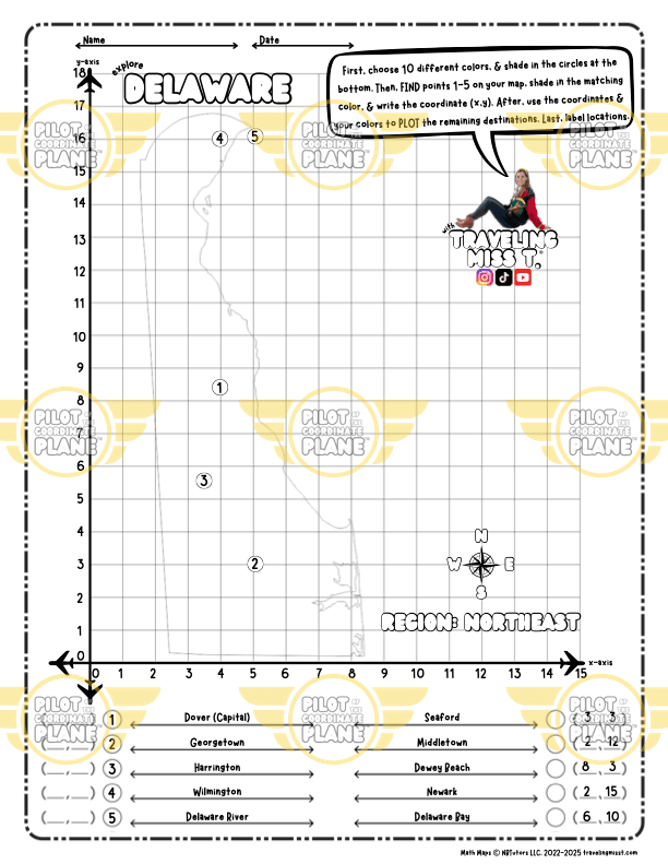 Map of Delaware with grid lines and coordinates, featuring a compass rose and labeled regions.