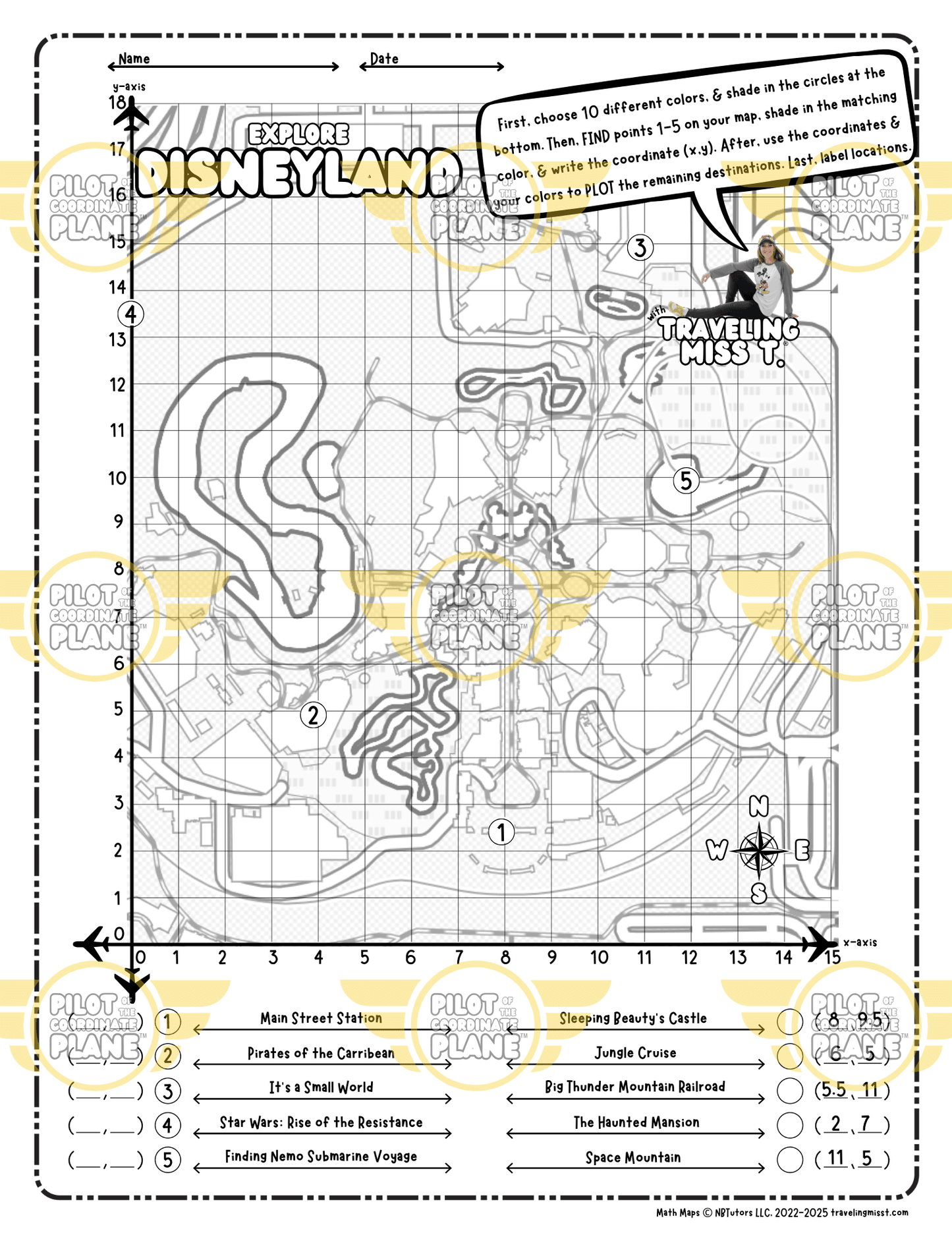 Coloring page with grid and map of Disneyland, featuring text and coordinates.