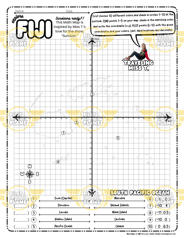 Math Map of Fiji by Traveling Miss T. Coordinate Plane Worksheets