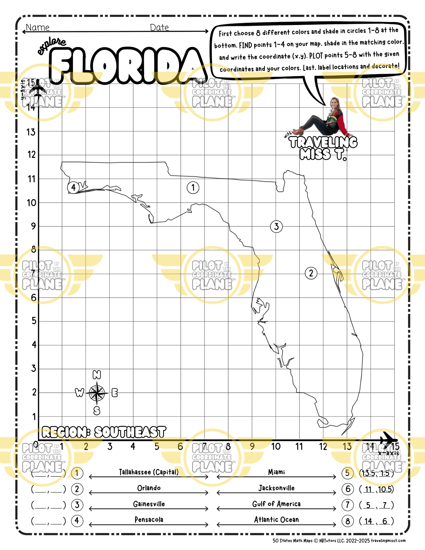Map of Florida layered with a Coordinate Plane worksheet featuring Traveling Miss T.