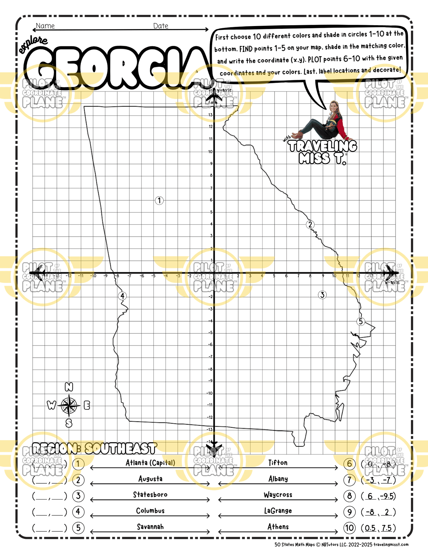 Map of Georgia layered with a Coordinate Plane worksheet featuring Traveling Miss T.