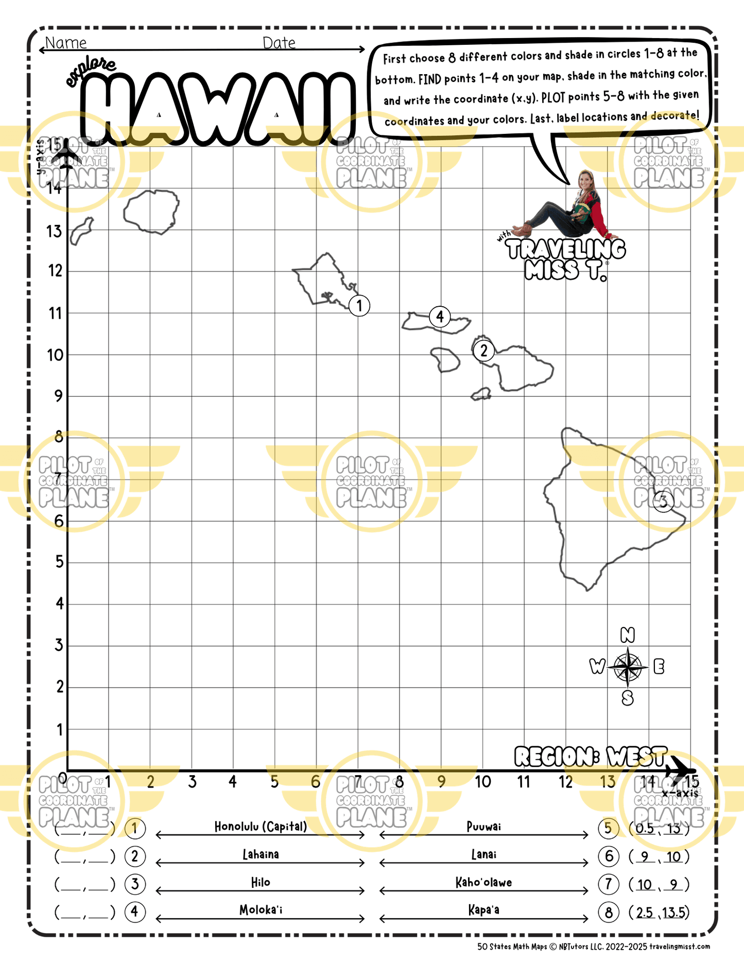 Map of Hawaii layered with a Coordinate Plane worksheet featuring Traveling Miss T.