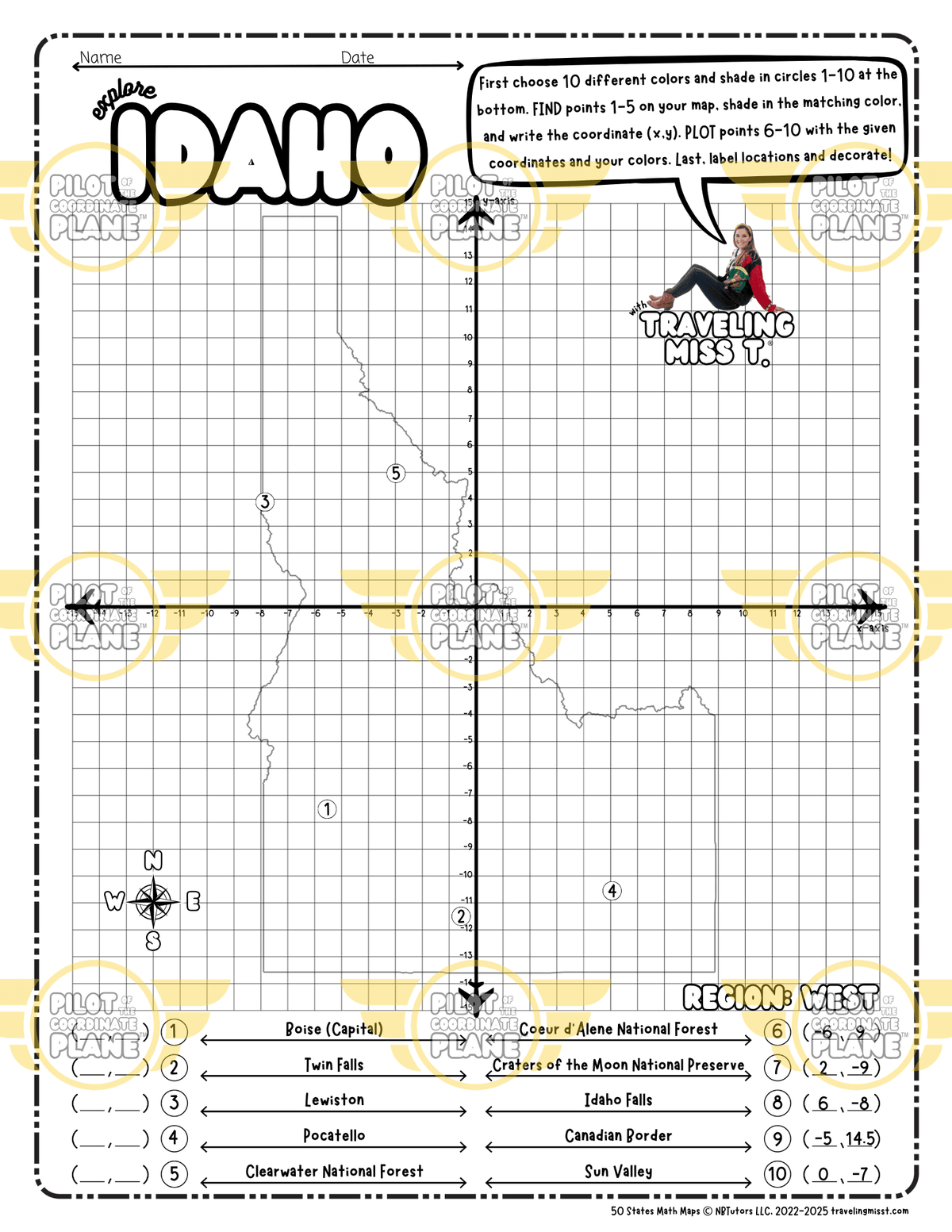 Map of Idaho layered with a Coordinate Plane worksheet featuring Traveling Miss T.