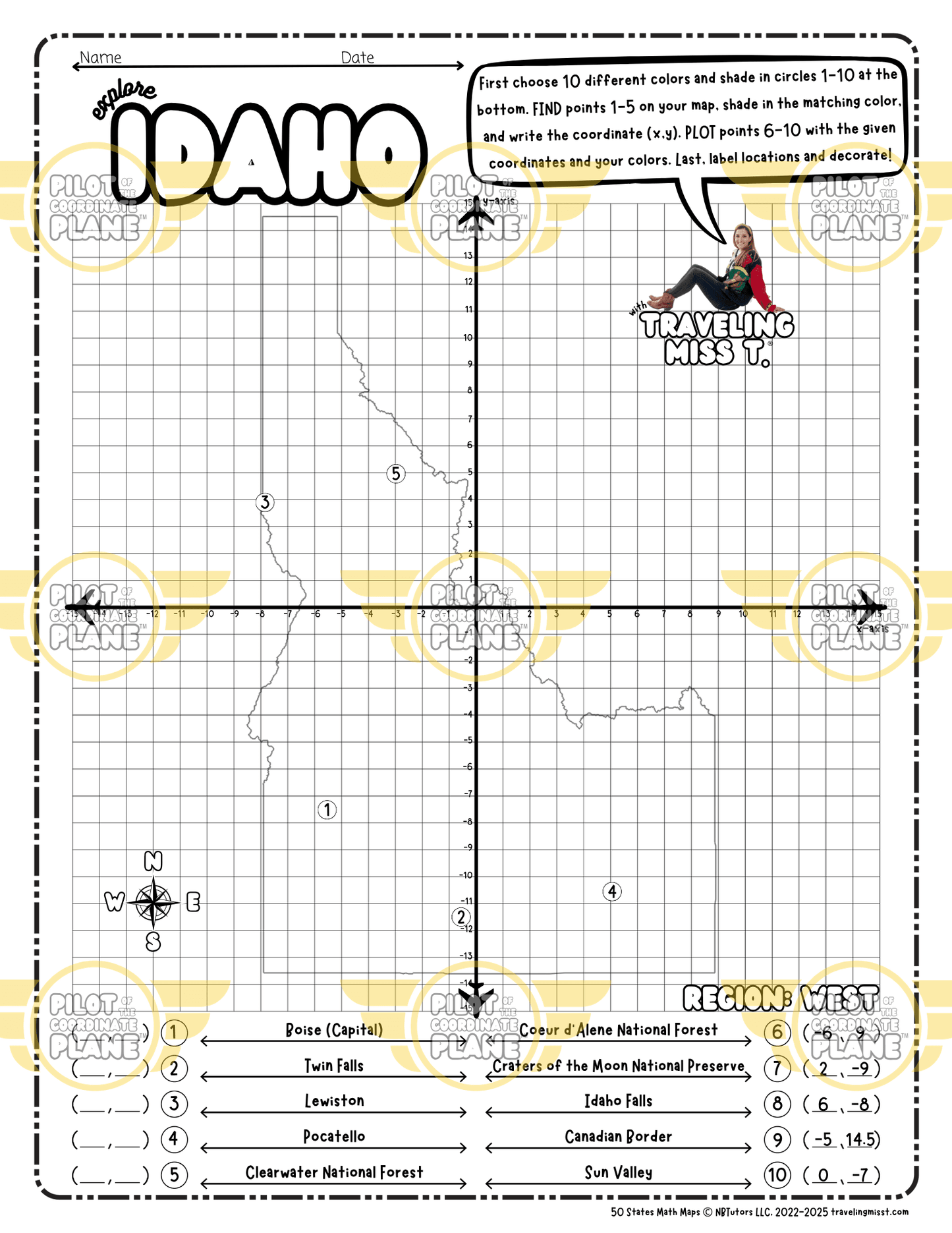 Map of Idaho layered with a Coordinate Plane worksheet featuring Traveling Miss T.