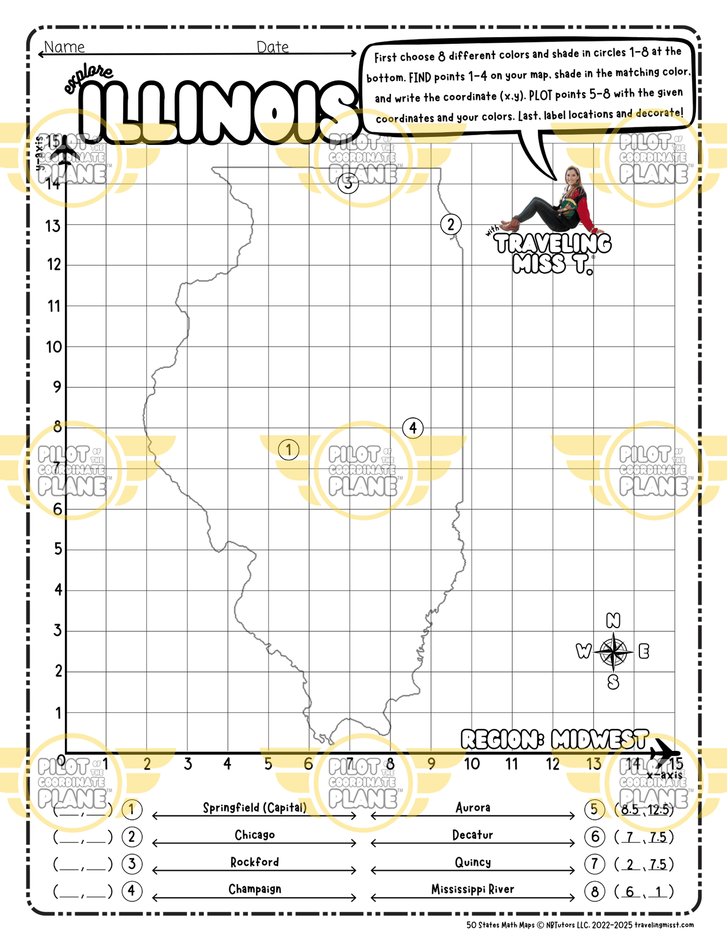 Map of Illinois layered with a Coordinate Plane worksheet featuring Traveling Miss T.