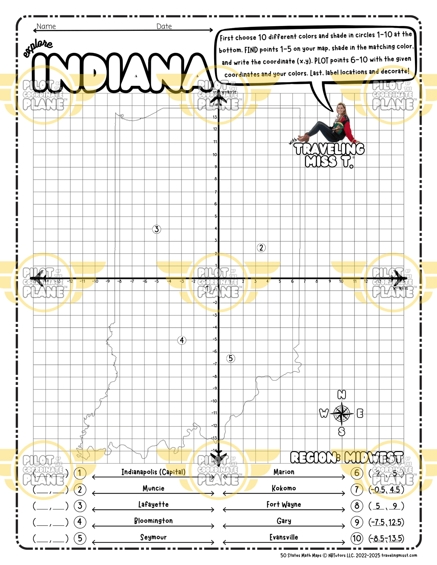 Map of Indiana layered with a Coordinate Plane Worksheet featuring Traveling Miss T.
