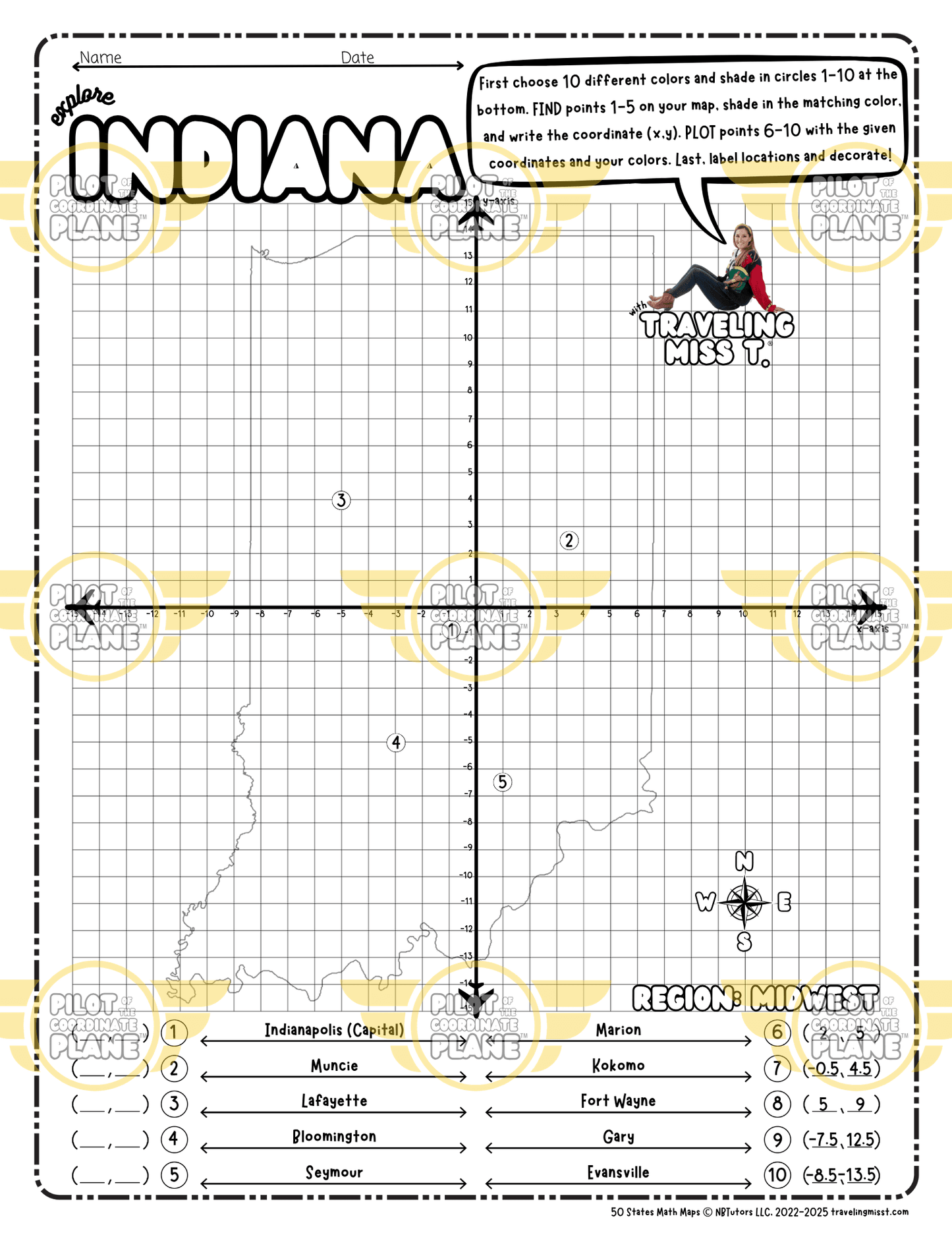 Map of Indiana layered with a Coordinate Plane Worksheet featuring Traveling Miss T.