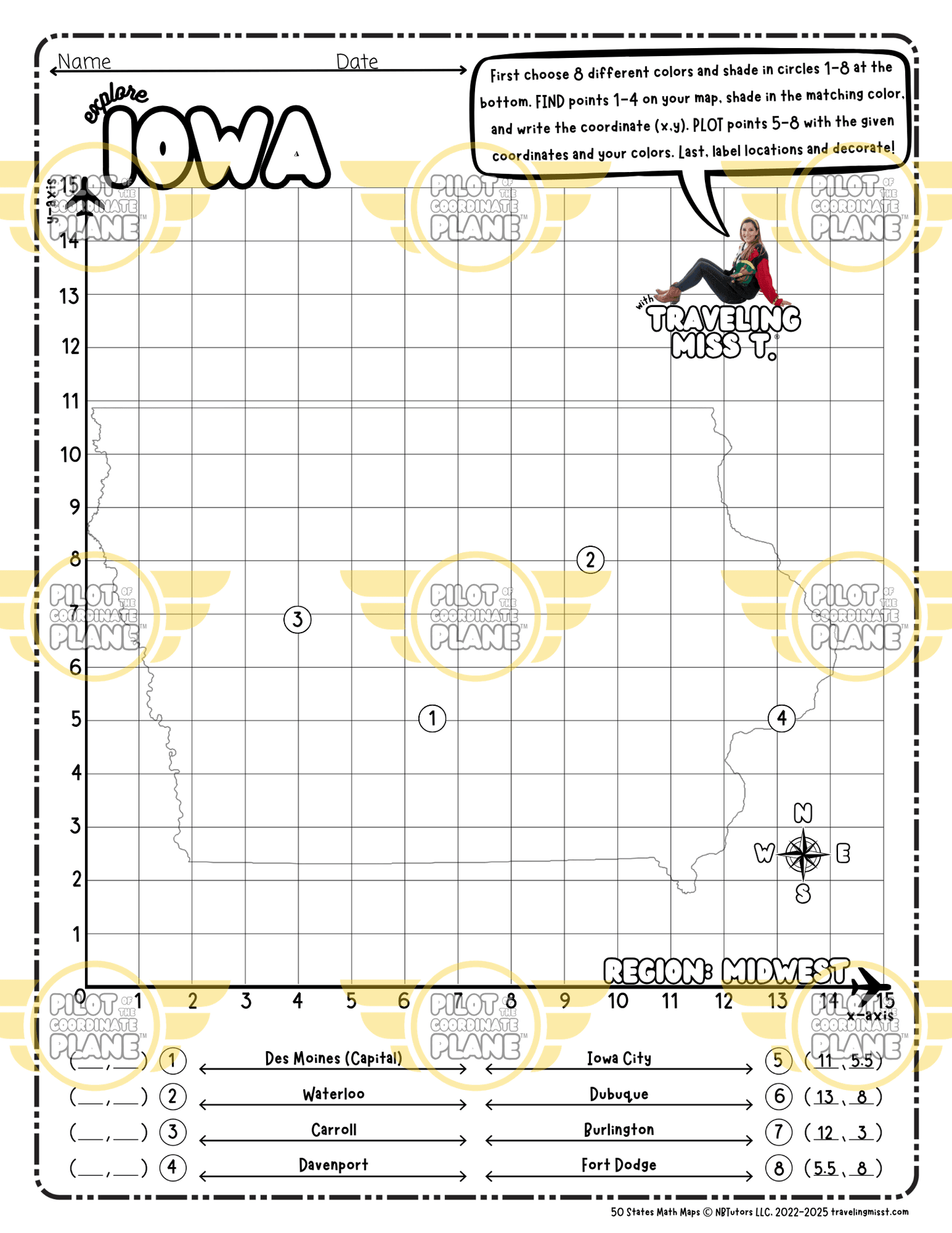 Map of Iowa layered over a single quadrant coordinate plane worksheet by Traveling Miss T.