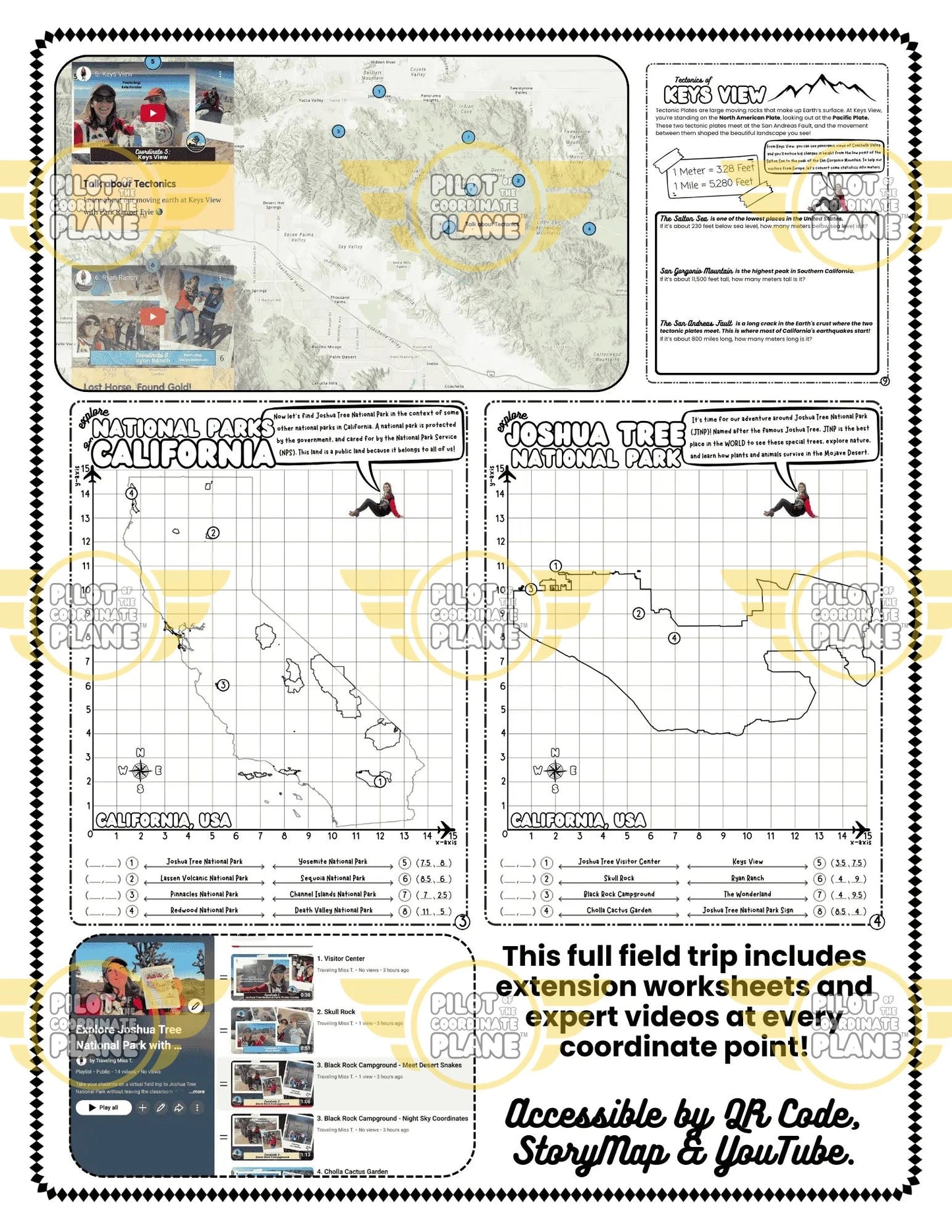 Educational worksheet about Joshua Tree National Park with maps and coordinates from Traveling Miss T.