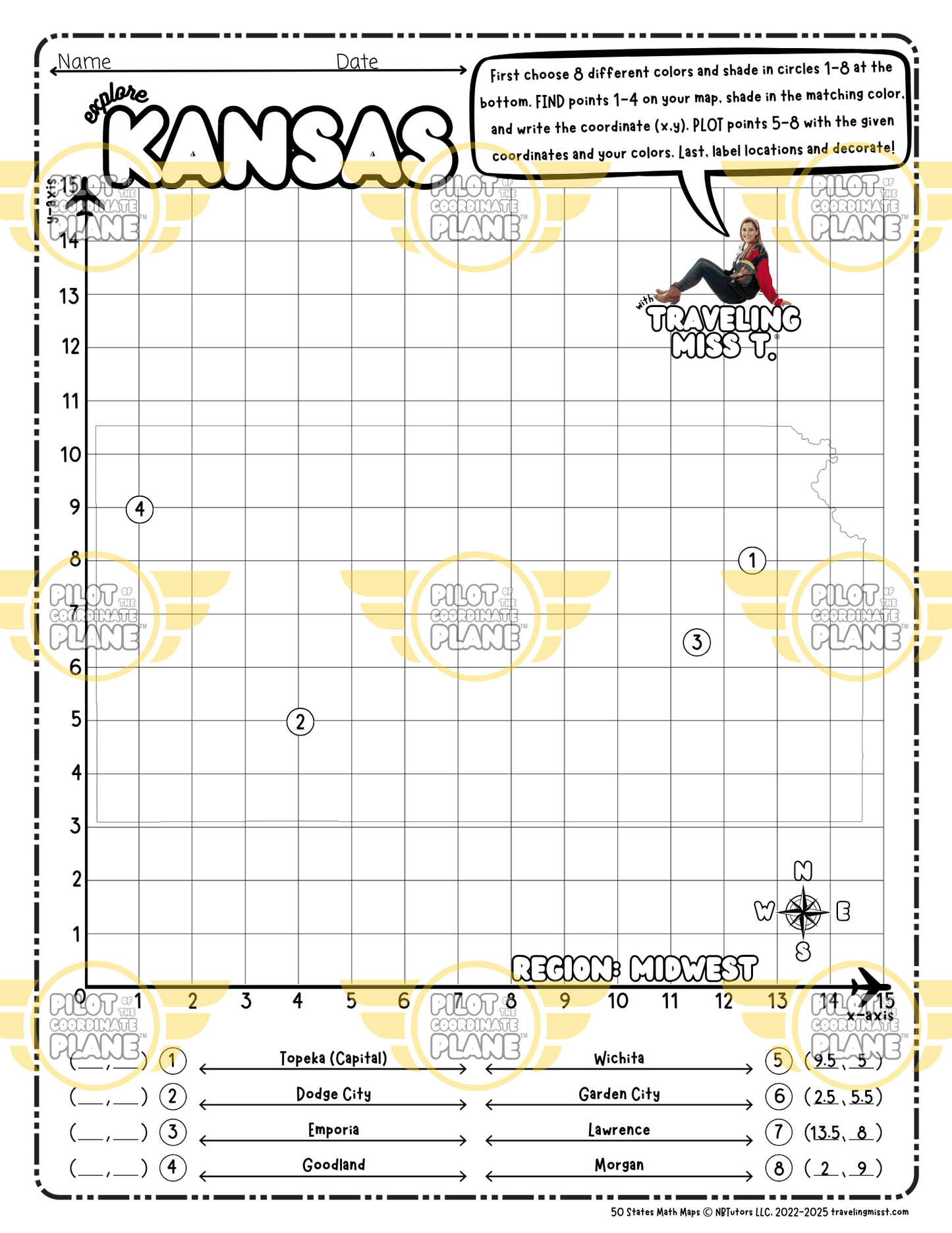 Map of Kansas layered over a single quadrant coordinate plane worksheet by Traveling Miss T.