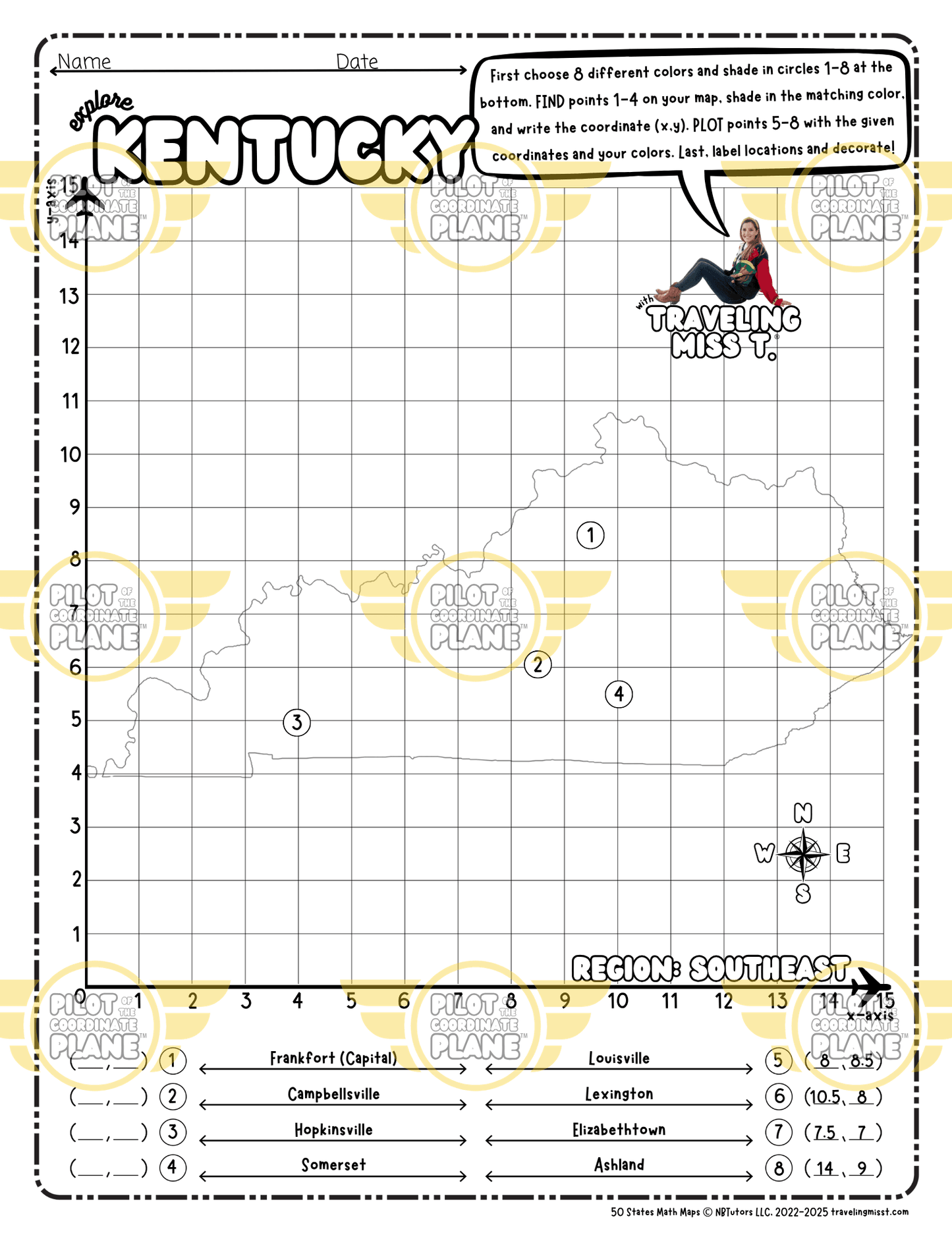 Map of Kentucky layered over a single quadrant coordinate plane worksheet by Traveling Miss T.