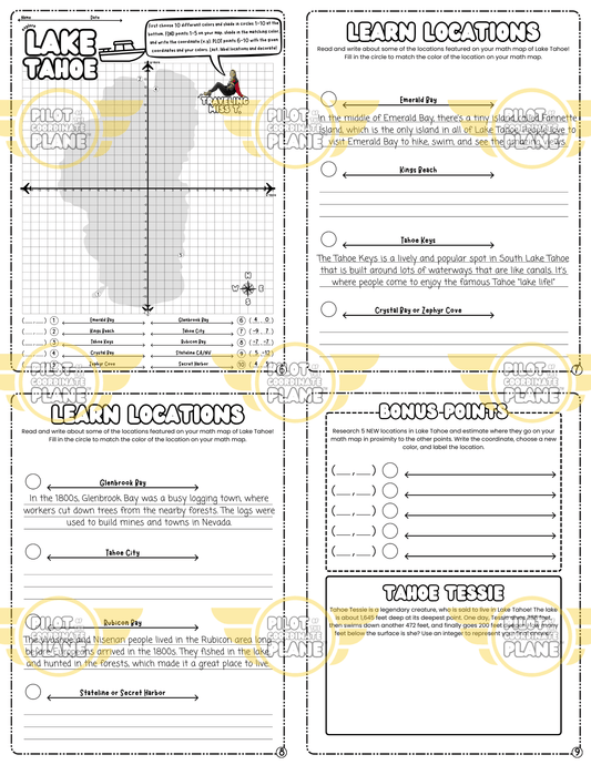 Educational worksheets and Lake Tahoe Math Map adventure by Coordinate Plane by Traveling Miss T.