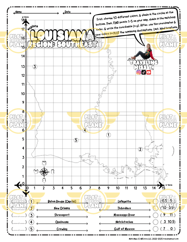 Map of Louisiana with coordinates and travel destinations printed on it.
