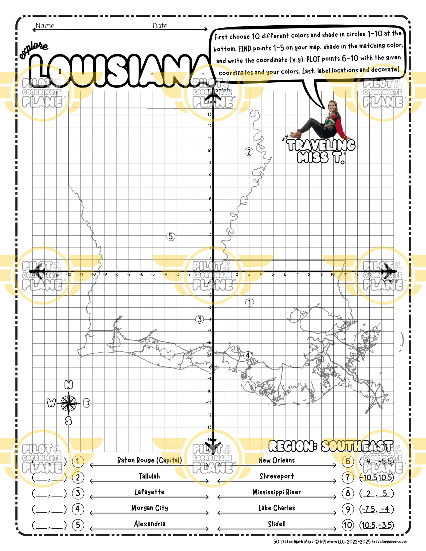 Map of Louisiana layered over a four quadrant coordinate plane worksheet by Traveling Miss T.