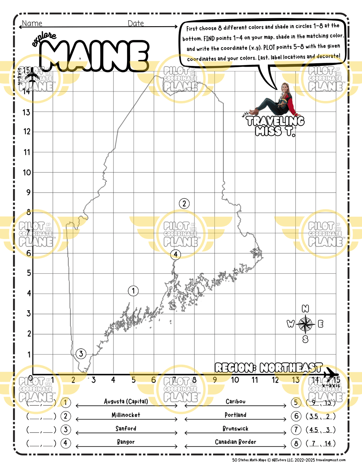 Map of Maine layered with a Coordinate Plane Worksheet featuring Traveling Miss T.