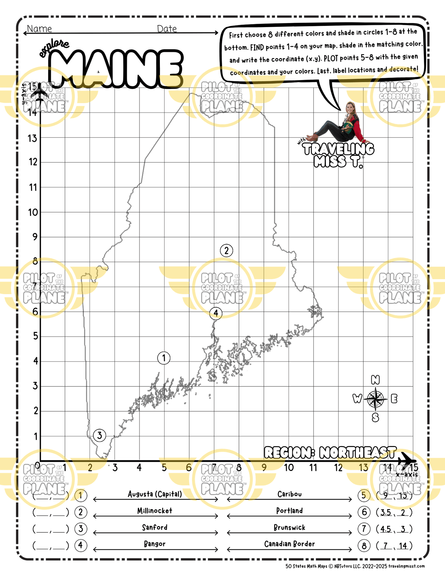 Map of Maine layered with a Coordinate Plane Worksheet featuring Traveling Miss T.