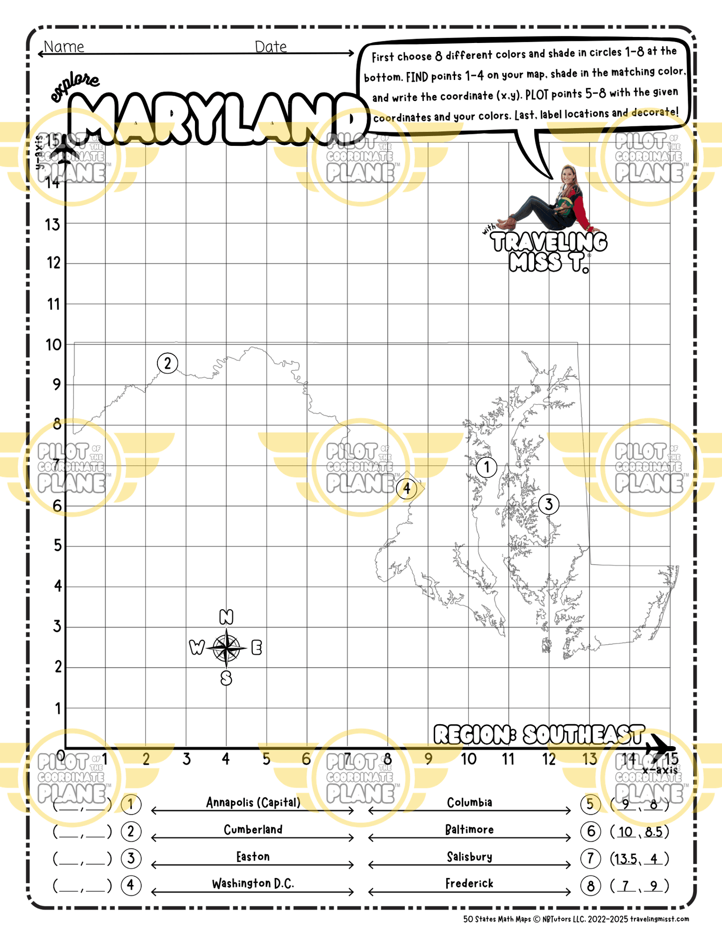 Map of Maryland layered with a Coordinate Plane Worksheet featuring Traveling Miss T.