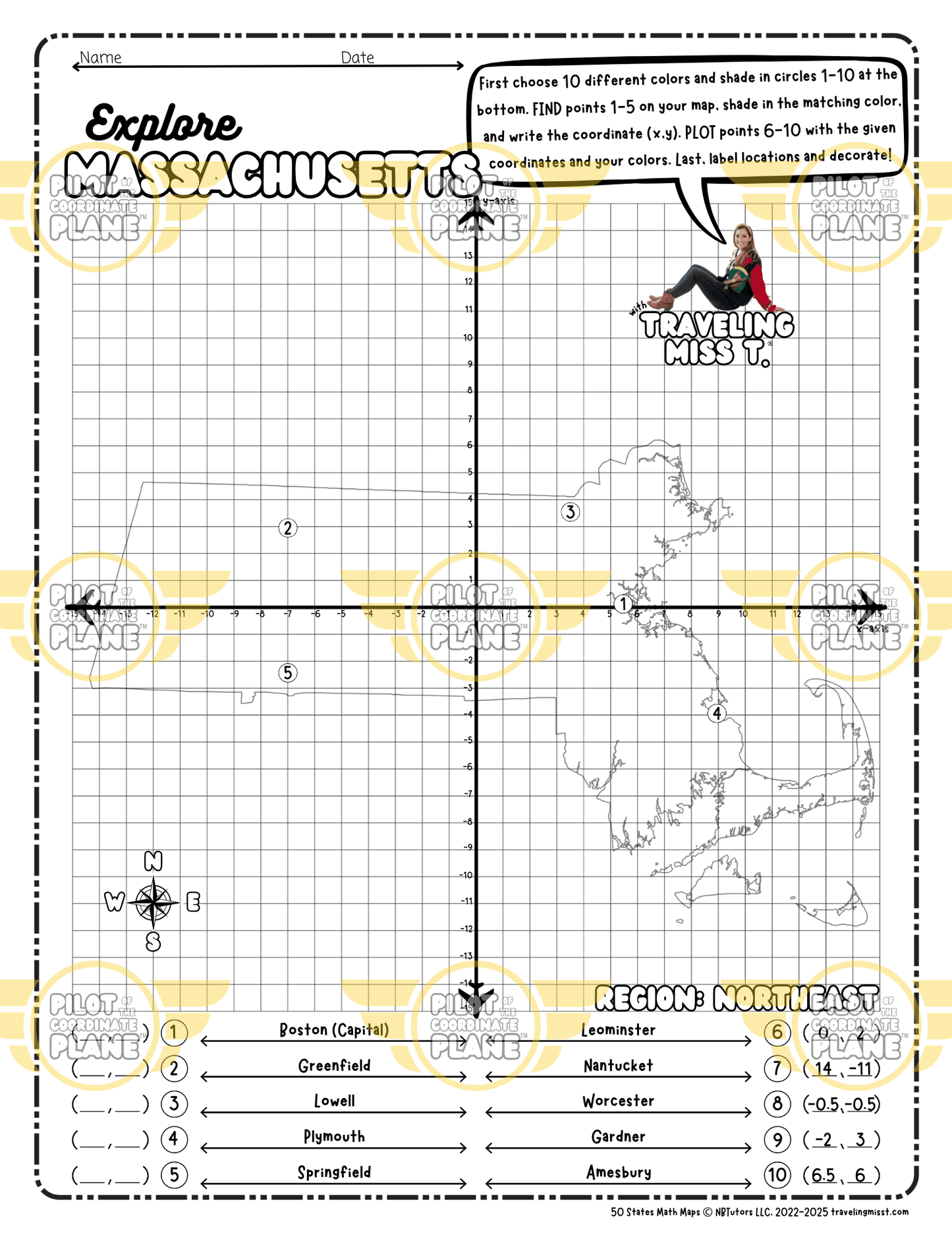 Map of Massachusetts layered with a Coordinate Plane Worksheet featuring Traveling Miss T.