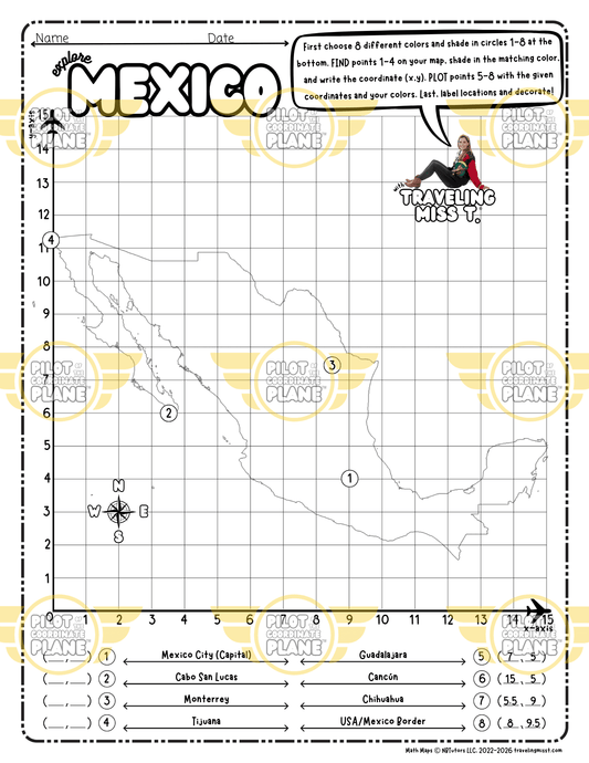 Mexico Single Quadrant Math Map template (printable Coordinate Plane worksheet) by Traveling Miss T.