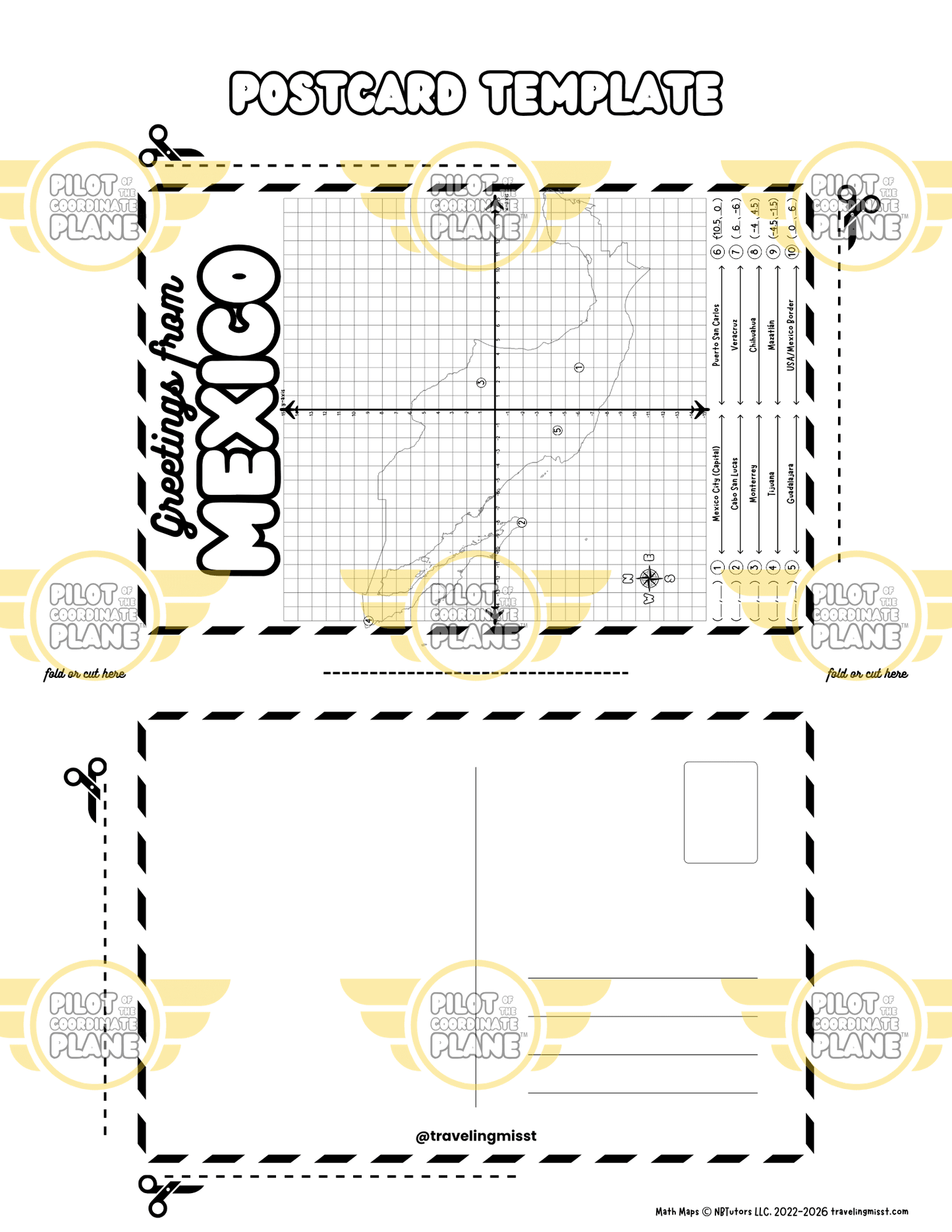 Mexico Postcard Template Math Map by Traveling Miss T. (4 quadrant coordinate plane) part of Mexico adventure bundle.
