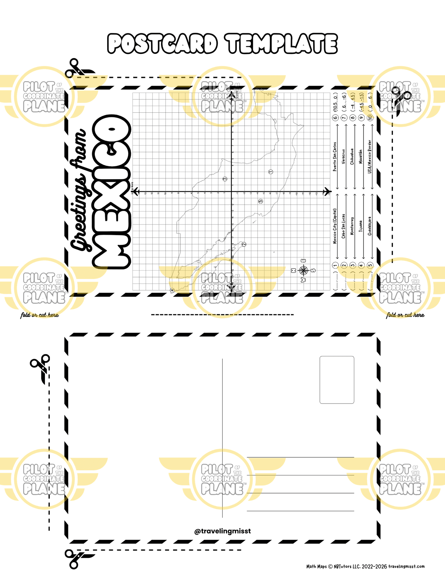 Mexico Postcard Template Math Map by Traveling Miss T. (4 quadrant coordinate plane) part of Mexico adventure bundle.