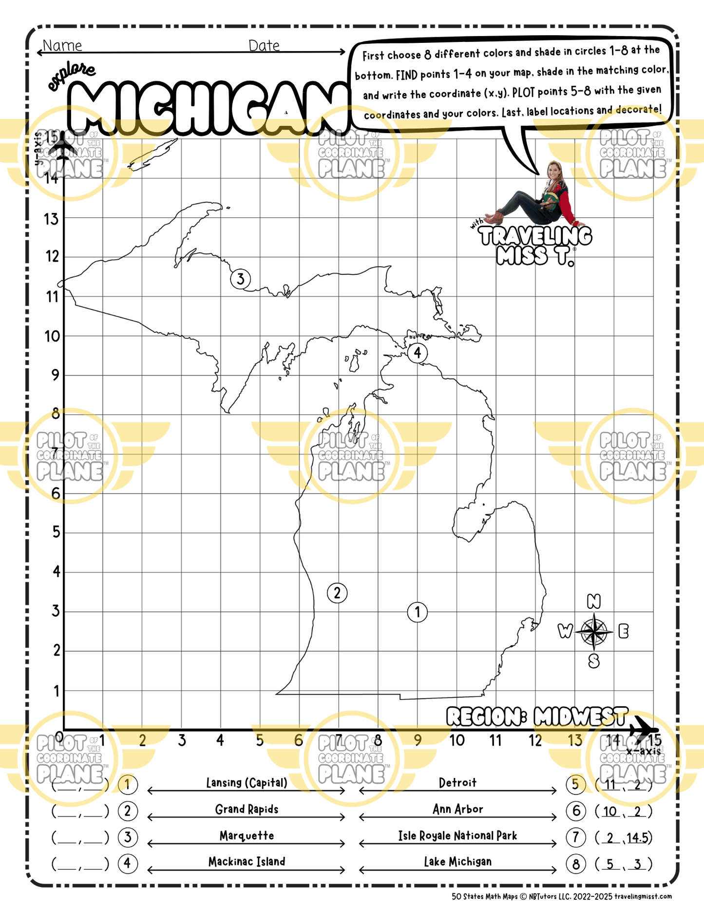 Map of Michigan layered with a Coordinate Plane Worksheet featuring Traveling Miss T.