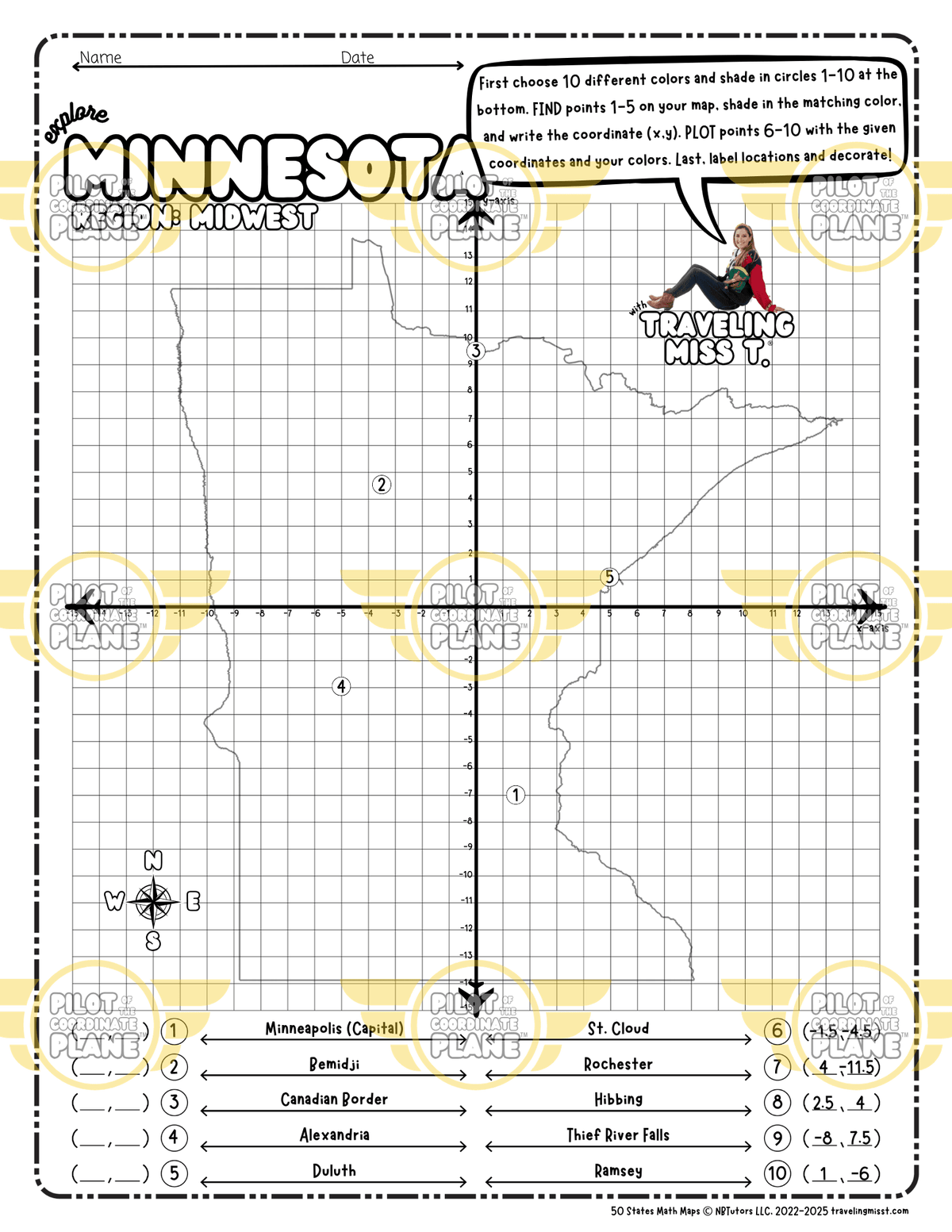 Map of Minnesota layered with a Coordinate Plane Worksheet featuring Traveling Miss T.