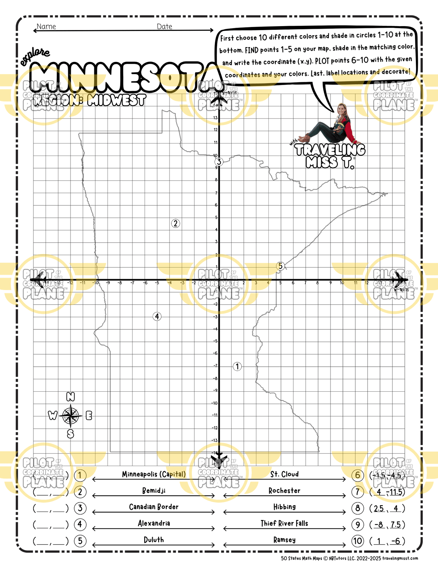 Map of Minnesota layered with a Coordinate Plane Worksheet featuring Traveling Miss T.