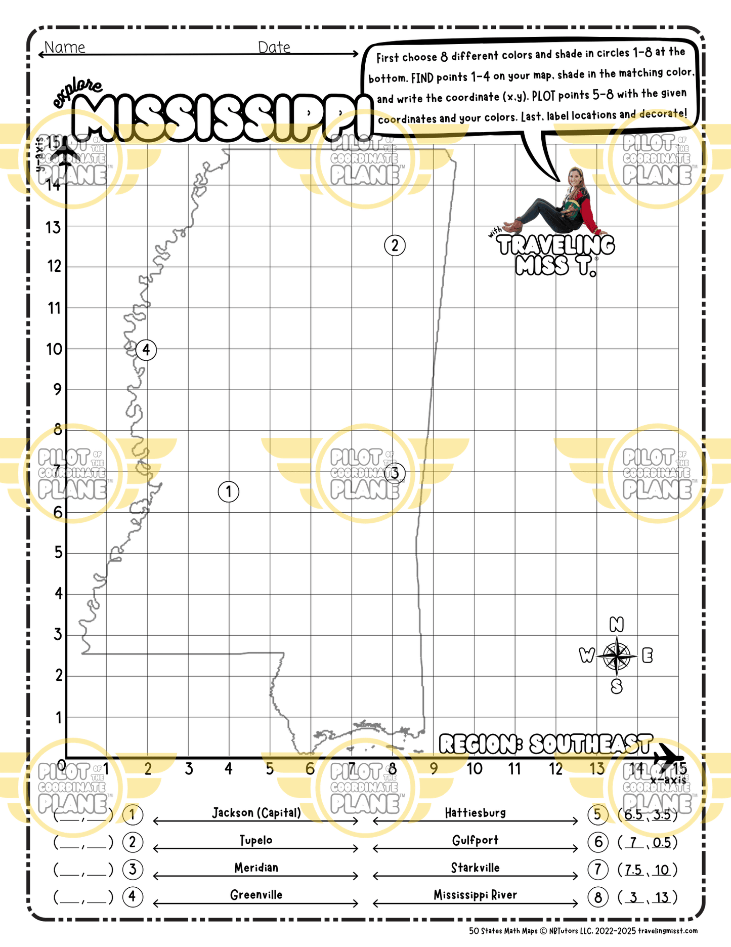 Map of Mississippi layered with a Coordinate Plane Worksheet featuring Traveling Miss T.