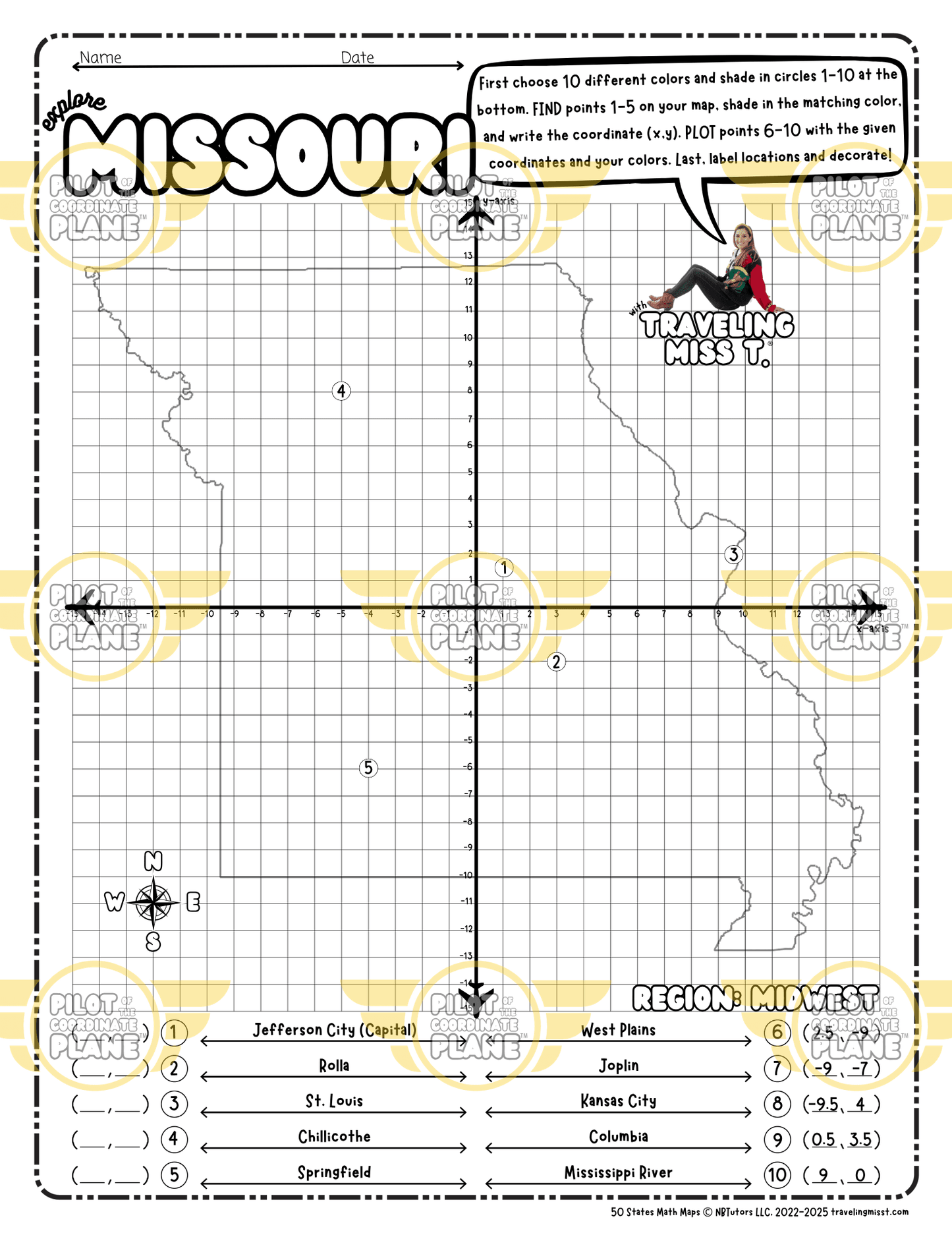 Map of Missouri layered with a Coordinate Plane Worksheet featuring Traveling Miss T.