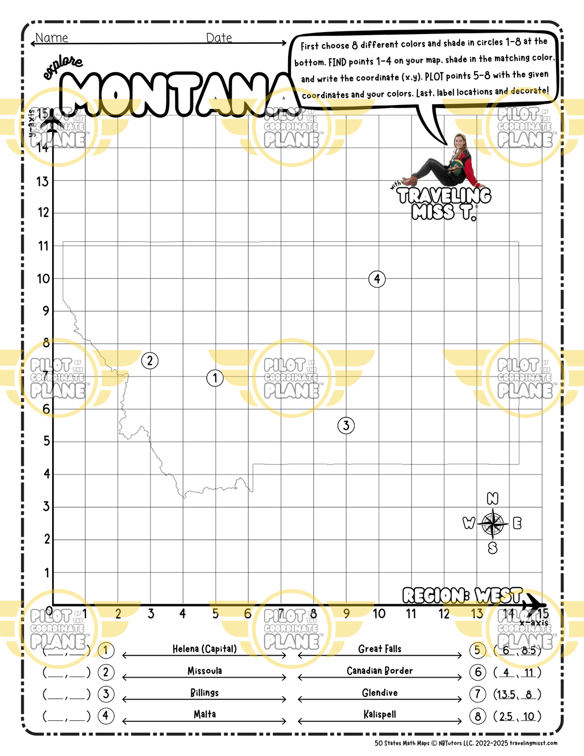 Map of Montana layered with a Coordinate Plane Worksheet featuring Traveling Miss T.
