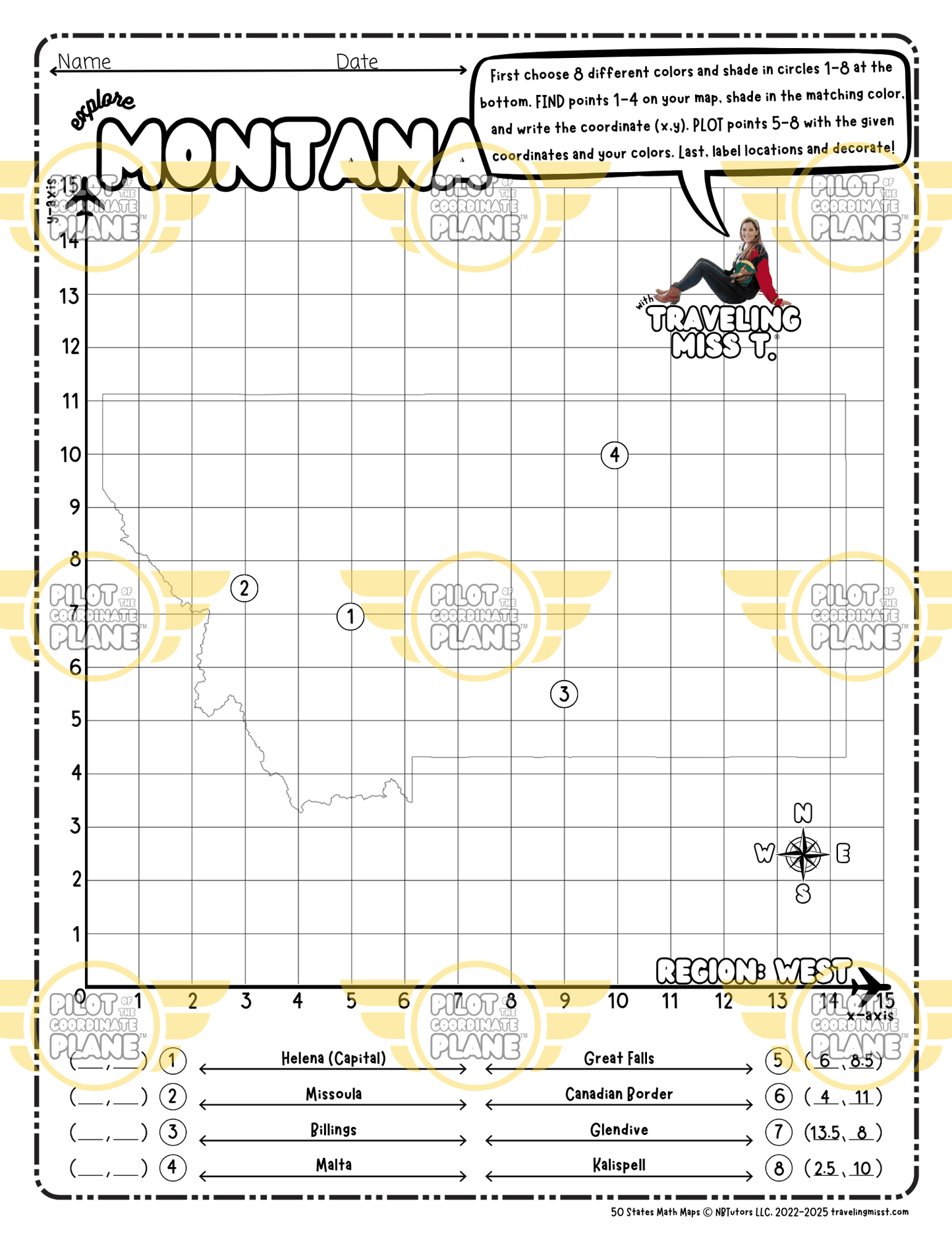 Map of Montana layered with a Coordinate Plane Worksheet featuring Traveling Miss T.