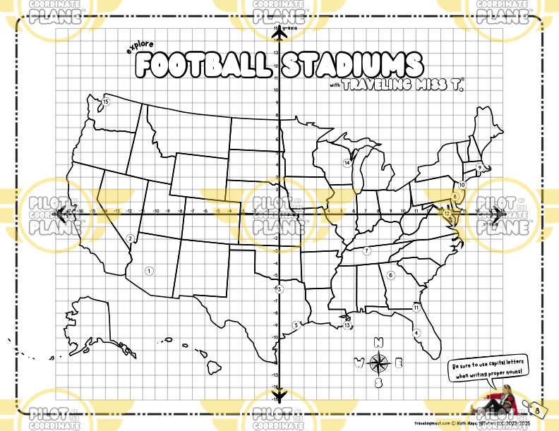 Coordinate Plane Worksheet layered with a map of the USA by Traveling Miss T.