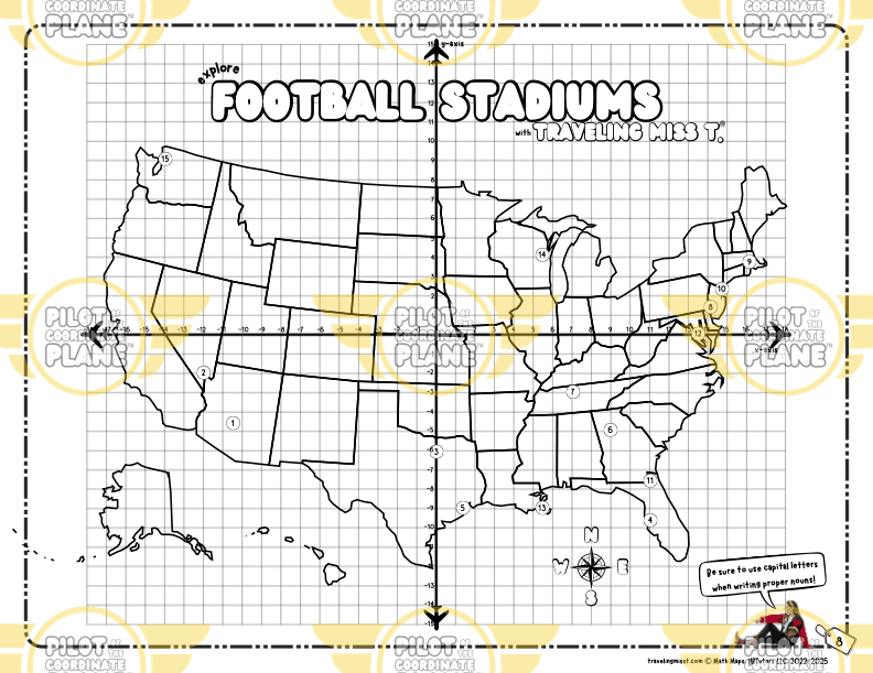 Coordinate Plane Worksheet layered with a map of the USA by Traveling Miss T.