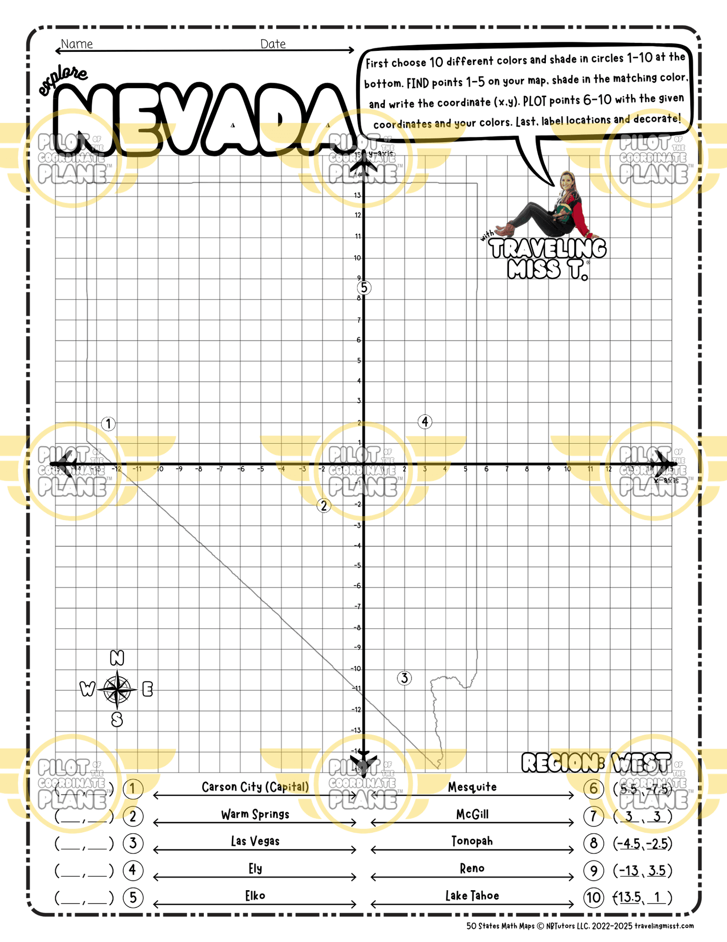 Map of Nevada layered with a Coordinate Plane Worksheet featuring Traveling Miss T.