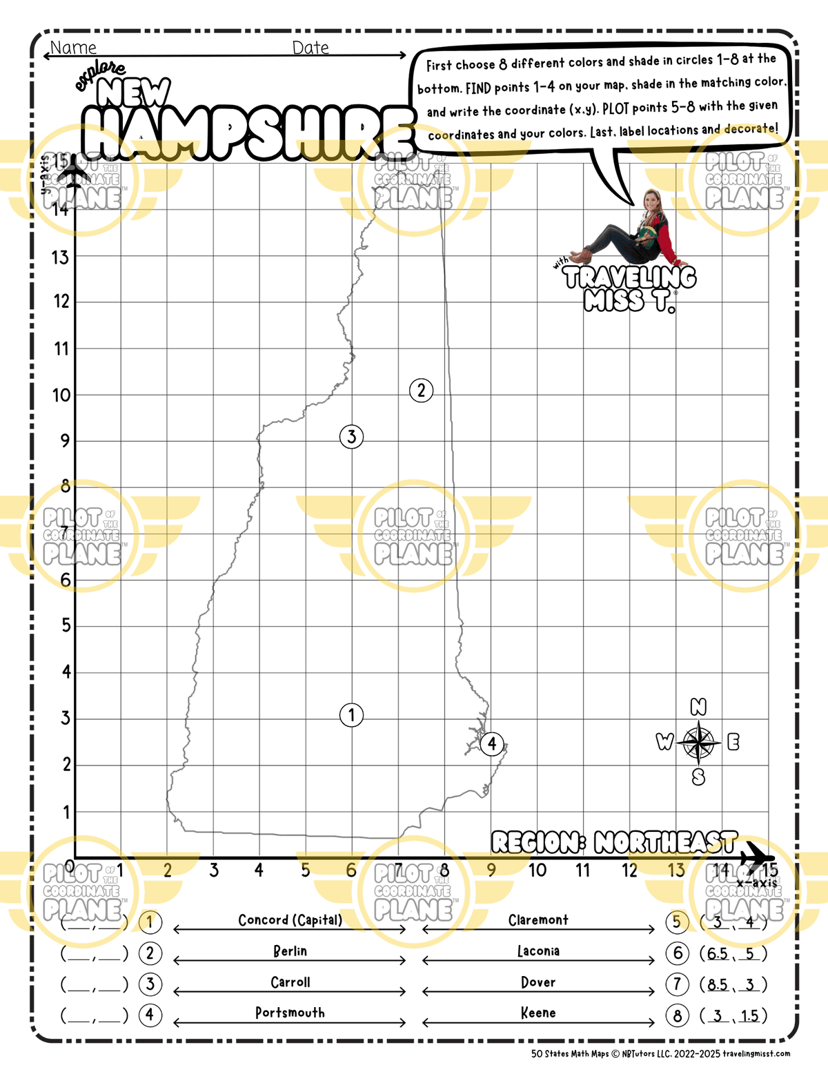 Map of New Hampshire layered with a Coordinate Plane Worksheet featuring Traveling Miss T.