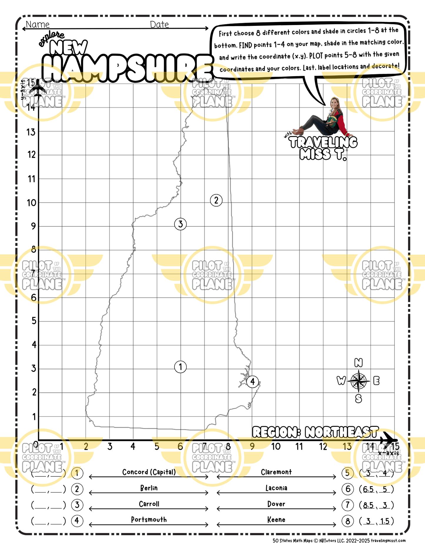 Map of New Hampshire layered with a Coordinate Plane Worksheet featuring Traveling Miss T.