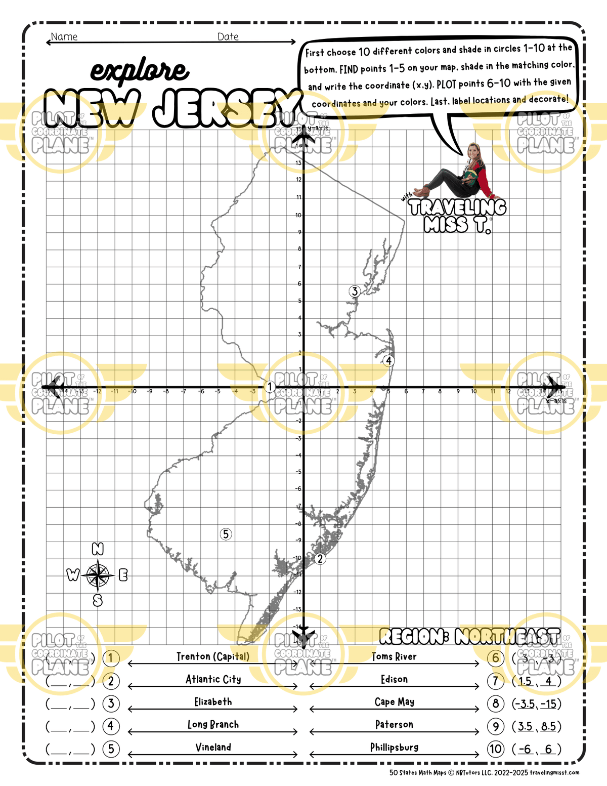 Map of New Jersey layered with a Coordinate Plane Worksheet featuring Traveling Miss T.