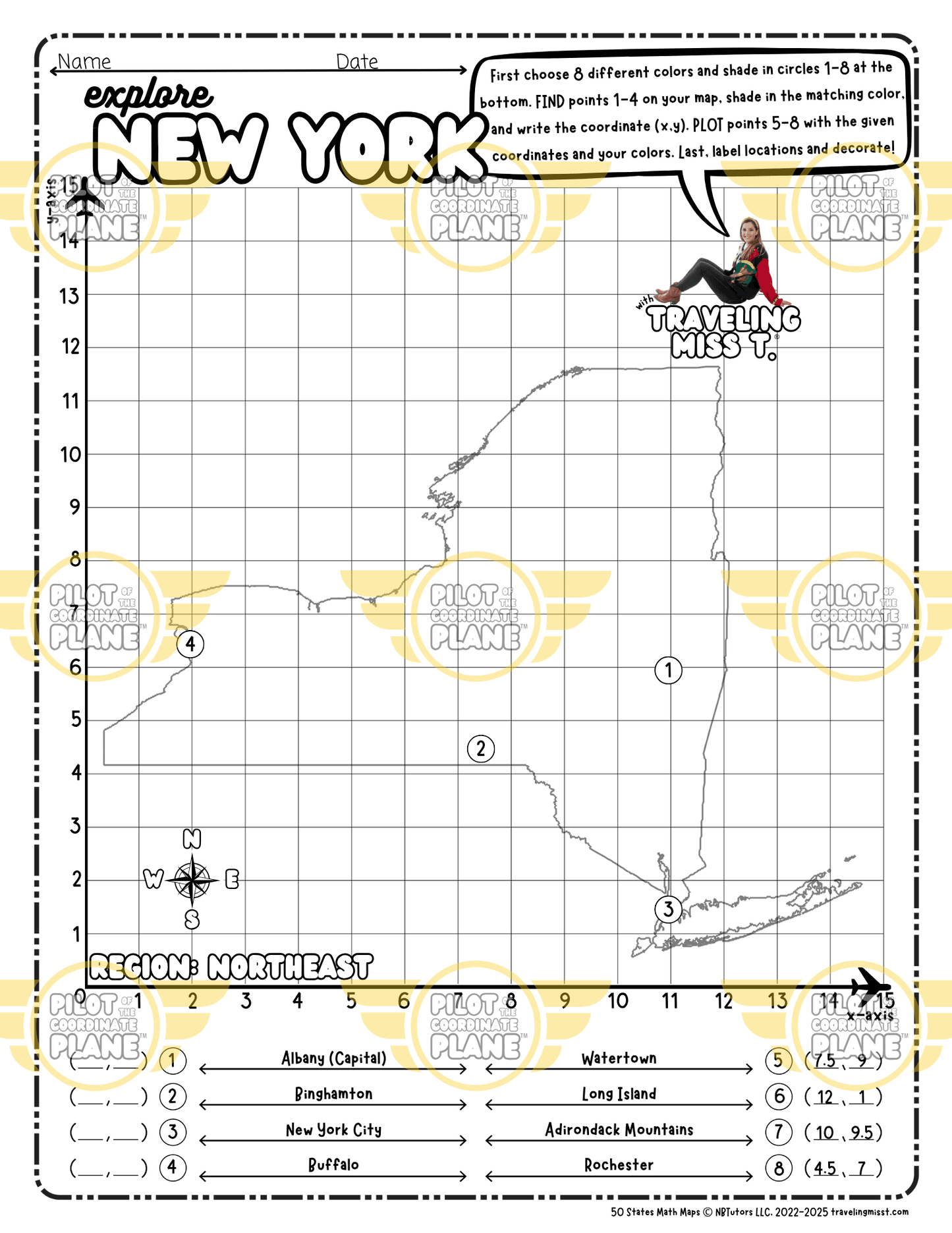 Map of New York layered with a Coordinate Plane Worksheet featuring Traveling Miss T.